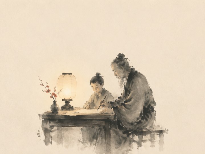 纸灯微光下师生对坐，长者执笔、少年凝神（水墨小品）