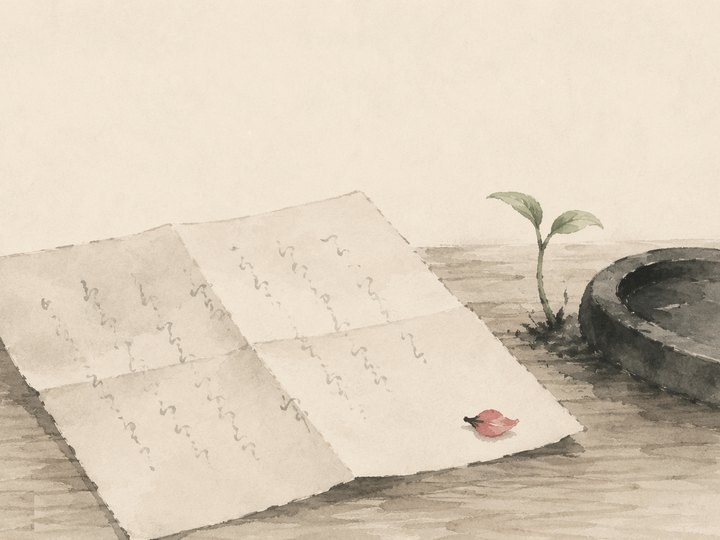 展开的信纸旁一株新芽破土，纸角落一瓣红梅（水墨小品）